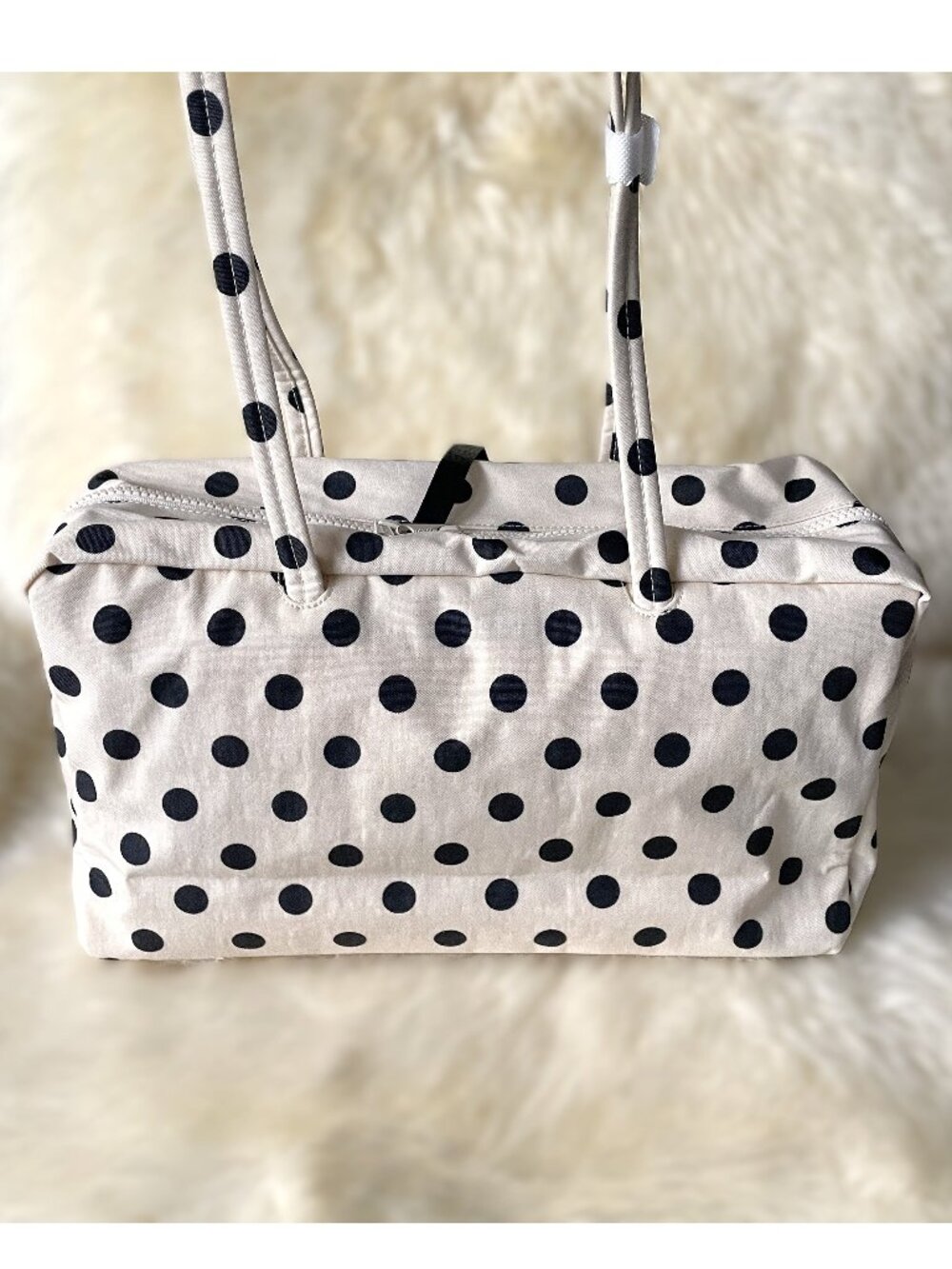 NWT Baggu Medium Nylon Bowler Bag - Cream w/ Black Polka Dot - Picture 2 of 8